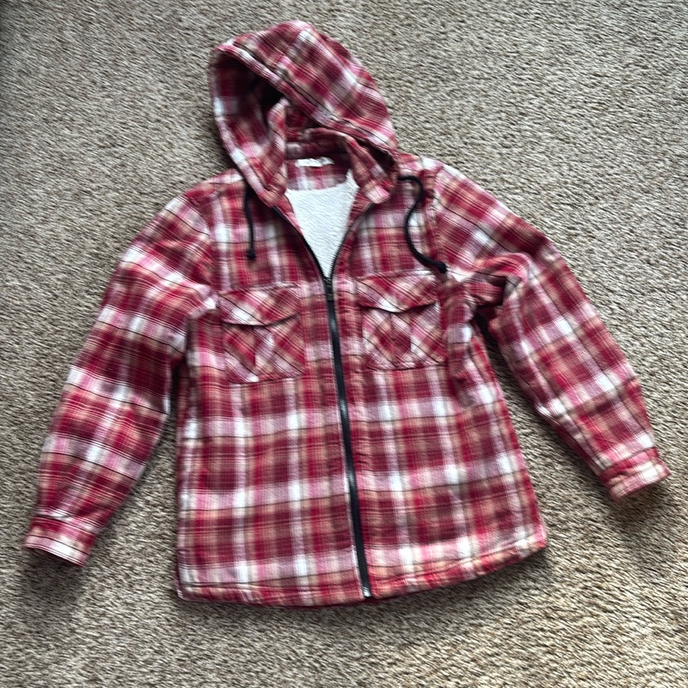 Store 68 Casual Zip Up Red/White/Tan Plaid Jacket with Hood